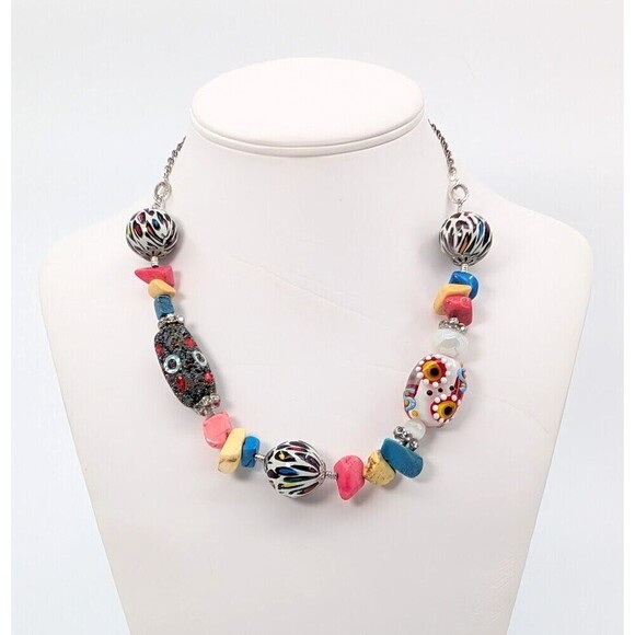 Chunky Necklace Glass Beaded Lampwork Boho Chic Eclectic Statement Piece Artsy - Picture 1 of 11